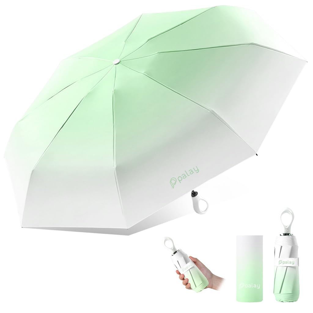 PALAY® UPF50+ UV Protection Folding Umbrella, Compact Auto Open Sun & Rain Umbrella for WomenFloral Design Windproof Travel Lightweight Portable Handbag Size with Curved Handle (Green)