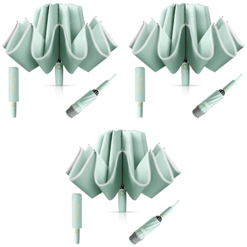 PALAY® Auto 3-Fold Large Umbrella with Reflective Strip 50'' Compact Travel One-Touch Open Close Reinforced 10 Dual Ribs Sun Protection 99 UV Rain Windproof for Men Women Mint Green 3 PCS