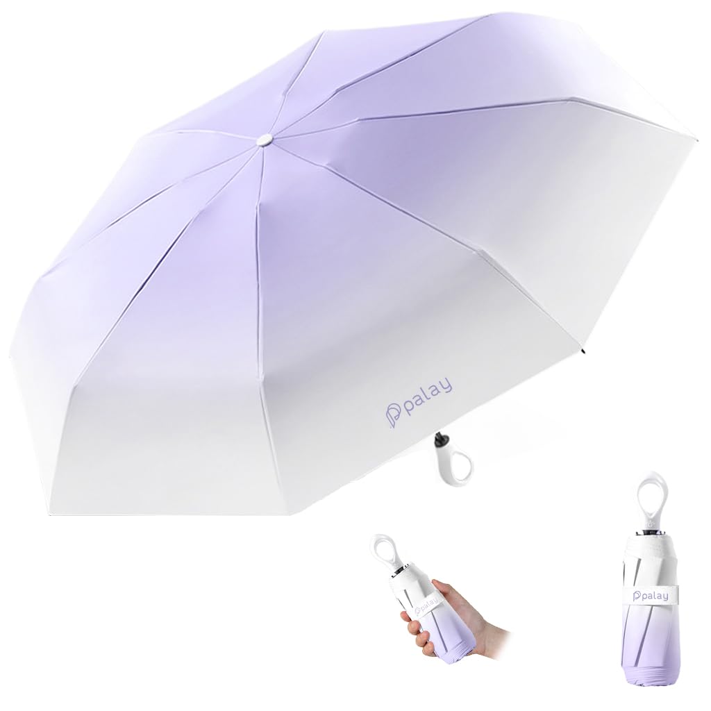 PALAY® UPF50+ UV Protection Folding Umbrella, Compact Auto Open Sun & Rain Umbrella for WomenFloral Design Windproof Travel Lightweight Portable Handbag Size with Curved Handle (Purple)