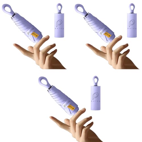 PALAY® UPF 50+ Sun Umbrella Travel Black Coated Liner Fiberglass Ribs Design Fashion Folding Lightweight with Rubberized Loop Handle Purple 3PCS