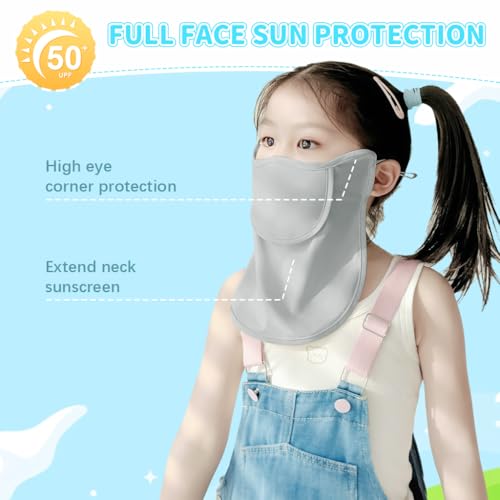 PALAY® UPF 50+ UV Protection Face Mask for Kids Aged 3-8,Ice Silk Half Face Mask Cover for Sun Protection,Adjustable Ear Loops from Sunlight Grey