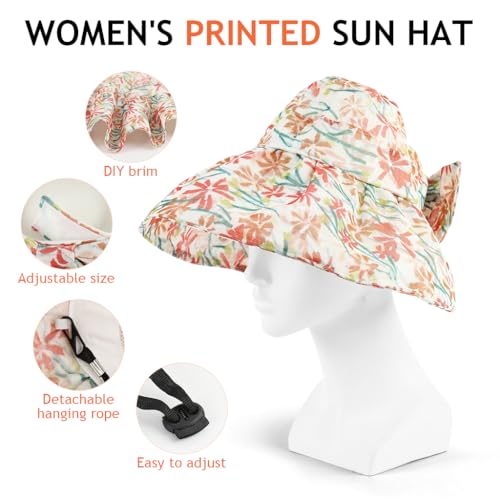 PALAY® Sun Hat for Women, Wide Brim Floral Print Beach Hat for Women with Chin Strap, Large Bow Packable Sun Protection Hats (Lightweight & Breathable) Red