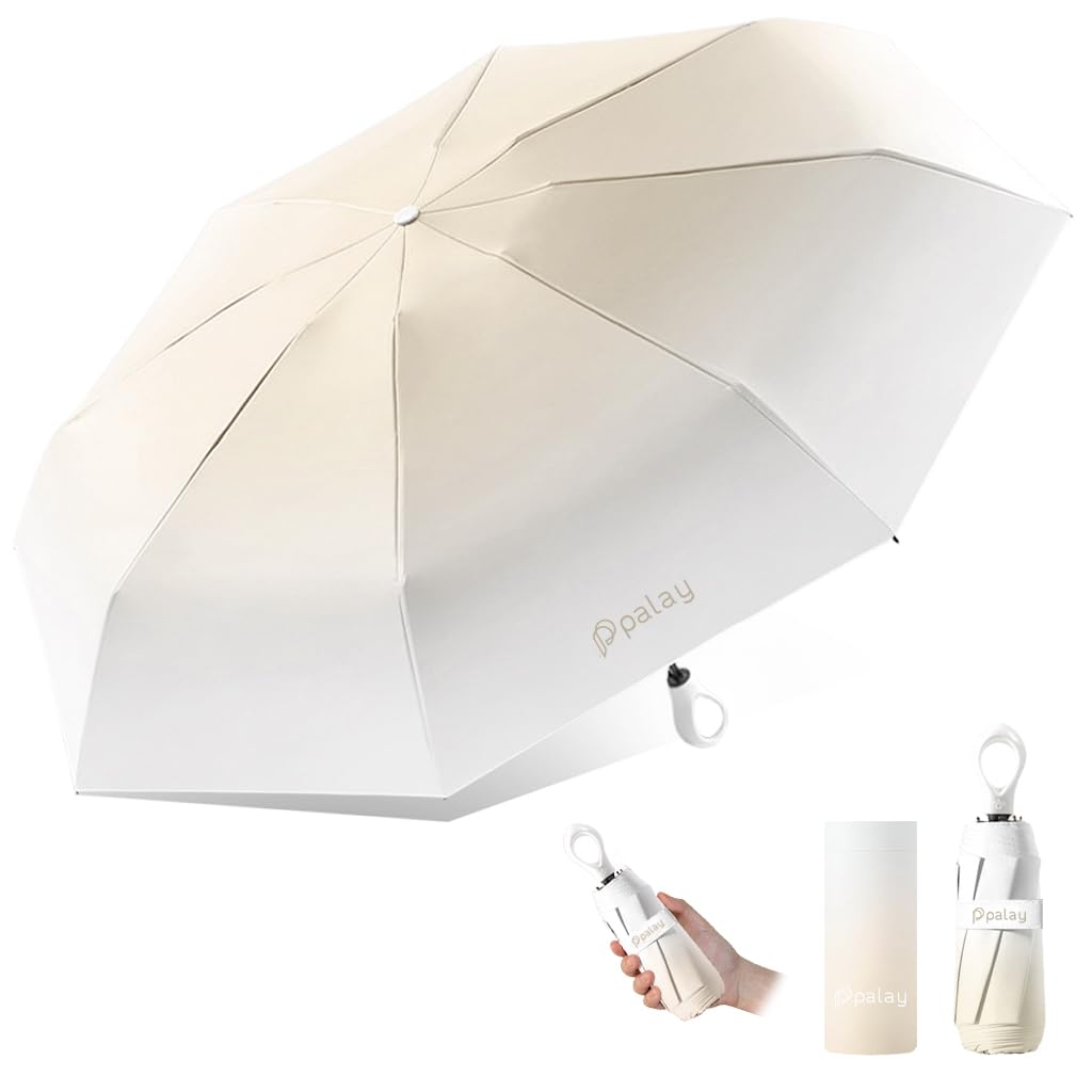 PALAY® UPF 50+ Sun Umbrella Pocket Sun Umbrella Black Coated Liner & Fiberglass Ribs Design Fashion Gradient Folding Travel Lightweight with Rubberized Loop Handle,Beige