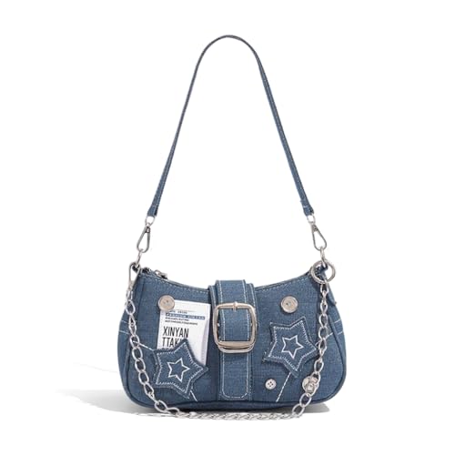 PALAY® Chic Shoulder Bag for Girls Canvas Handbag with Chain Charm Small Hobo Bag Stylishly Sweet Y2K Star Patchwork Letter Printed Handbag Casual Small Shoulder Bag Zipper Bag, 23x7x13cm, Blue