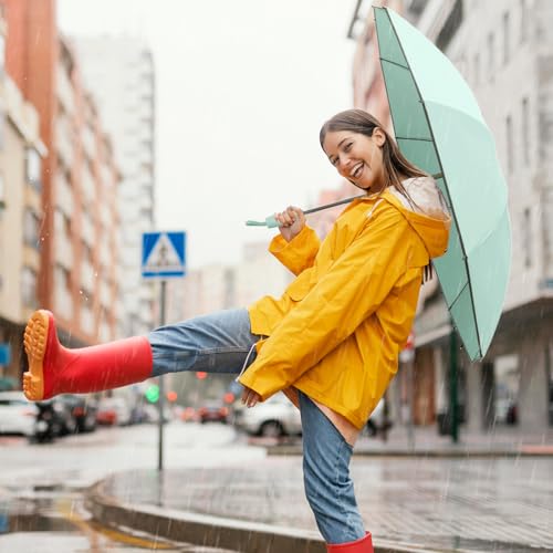 PALAY® Auto 3-Fold Large Umbrella with Reflective Strip 50'' Compact Travel One-Touch Open Close Reinforced 10 Dual Ribs Sun Protection 99 UV Rain Windproof for Men Women Mint Green 2 PCS