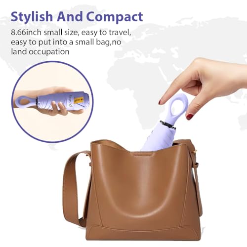 PALAY® UPF 50+ Sun Umbrella Travel Black Coated Liner Fiberglass Ribs Design Fashion Folding Lightweight with Rubberized Loop Handle Purple 2PCS