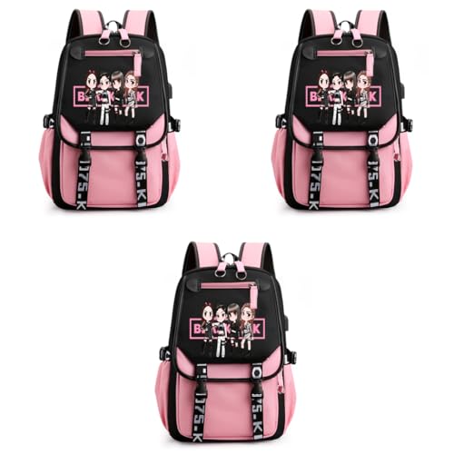 PALAY® Black Pink Bag For Girls School with USB Cable Jack Cute Backpacks Idol Print Design Laptop and Casual Student Accessories That can Hold 16.8 inches Books 3 PCS
