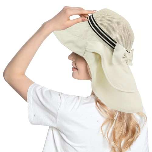 PALAY® Summer Sun Hats for Women, Stylish Beach Hat UPF 50+ Wide Brim Sun Protection Hat for Woman, Breathable Mesh Lightweight Casual Outdoor Travel Hats with Neck Flap - Beige