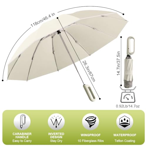 PALAY® 50'' Large Umbrella with Reflective Strip, Auto 3-Fold Compact Travel Umbrella, Carabiner Handle, Reinforced 10 Dual Ribs, Sun Protection 99% UV & Rain & Windproof for Men Women (2 PAck)