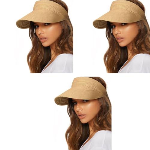 PALAY® Womens Sun Visor Hat Straw for Summer Packable Ponytail Beach Hats Travel UPF 50 Khaki 3 PCS