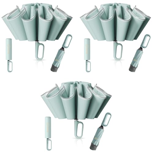 PALAY® 50 Large Umbrella with Reflective Strip Auto 3-Fold Compact Travel Umbrella Carabiner Handle Reinforced 10 Dual Ribs Sun Protection 99 UV Rain Windproof for Men Women Mint Green 3 PCS