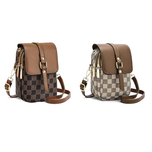 PALAY® 2pcs Sling Bag for Women, Stylish PU Leather Crossbody Phone Bag with Adjustable Strap, Retro Checked Print Design, Lightweight & Durable, 13x7x20cm, Brown, Perfect for Casual & Formal Use