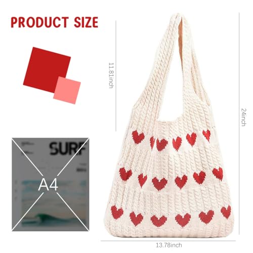 PALAY® Premium Knitted Heart Pattern Tote Bag Large Soft & Spacious Hippie Beach Bag for Women, Ideal for Work, School, and Casual Outings