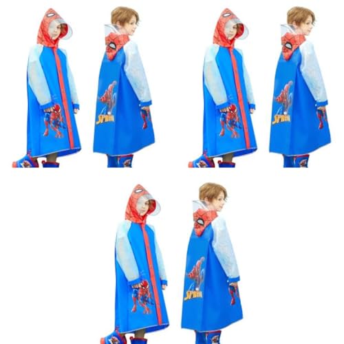 PALAY® Rain Coat for Kids Spider Poncho 6-9 Years Boys Girls with Pockets Wide Brim Hooded Safe School Bag Cover Print Recommended Height 130-140CM XL Size 3PCS