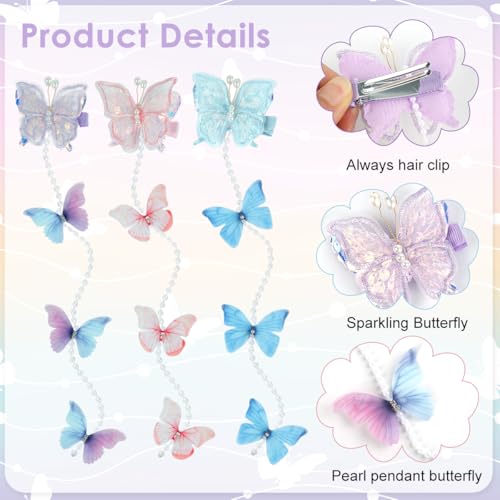 PALAY® 6Pcs Pearl Butterfly Kids Hair Clips for Girls,Cute Braid Hair Accessories for Kids Girls Fashion Hairpin Beaded String Charm Headpieces Pins Gift Party Daily Headwear