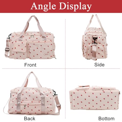 PALAY® Women Duffle Bag Gym with Shoe Compartment Cute Pink Strawberry Prints Corduroy Travel Removable Shoulder Strap Multi-Pocket for Camping 48x24x27cm 2PCS