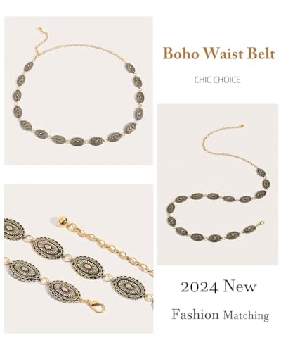 PALAY® Boho Waist Belt for Women Golden Concho Belt Saree Waist Belt Metal Concho Belt Western Fashion Conchos Adjustable Concho Belt, 29.53 inches +19.69 inches 2 PCS