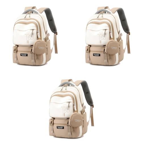 PALAY® Casual Backpack With Cute Accessory 18.1 Inch Bookbag Pendant Laptop Bag Lightweight Travel Beige 3 PCS
