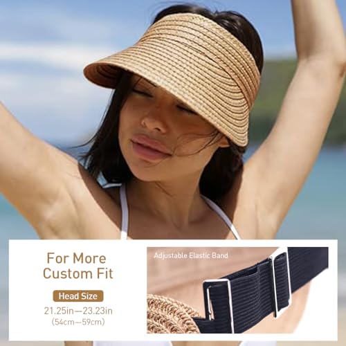 PALAY® Womens Sun Visor Hat Straw for Summer Packable Ponytail Beach Hats Travel UPF 50 Khaki 3 PCS