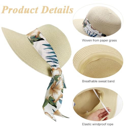 PALAY® Womens Straw Hat for Summer Wide Brim Sun Hats with Print Ribbon Fashion Beach Ladies Beige UV Protection Cap Lightweight Breathable 2 PCS