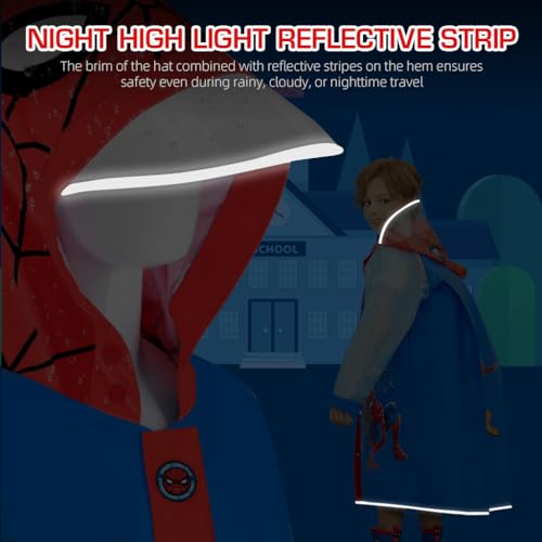 PALAY® Rain Coat for Kids Spider Poncho Raincoat 6-9 Years Boys Girls with Pockets Wide Brim Hooded Safe School Bag Cover Print Recommended Height 130-140CM XL Size 2PCS