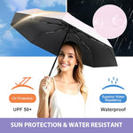PALAY® Compact Umbrella for Sun Rain Protection Auto Open Close Travel Folding with Flower Charm Strap Black Tape UV 8 Dual Ribs Anti-Slip Rubber Handle Outdoor Commute 2 PCS