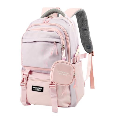 PALAY® Girls Backpack School Backpack with Small Zipper Pouch Fashion Pink Nylon Backpack with Padded Shoulder Straps & Handle Design Multi Compartment Large Backpack for School, Camping, Travel