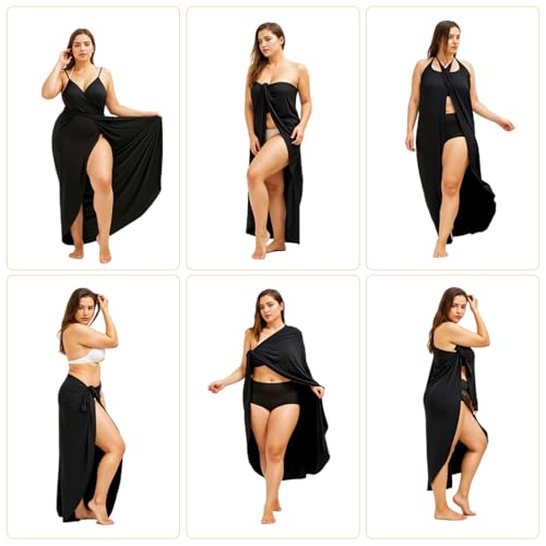 PALAY® Beach Wear Dress for Women Stylish Solid Bikini Set Spaghetti Strap Wrap Swimsuit Cover Up Lightweight Sarong Outfits M Black 2 PCS