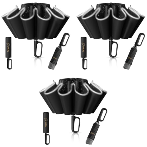 PALAY® 50 Inch Large Umbrella with Reflective Strip Auto 3-Fold Compact Travel Carabiner Handle Reinforced 10 Dual Ribs Sun Protection 99 UV Rain Windproof for Men Women Black 3PCS