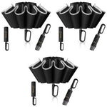 PALAY® 50 Inch Large Umbrella with Reflective Strip Auto 3-Fold Compact Travel Carabiner Handle Reinforced 10 Dual Ribs Sun Protection 99 UV Rain Windproof for Men Women Black 3PCS