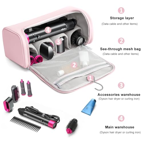MAYCREATE® Estuche de Viaje para Dyson, Bolsa de Almacenamiento de Air Wrap, Impermeable de PU Mejorada, Organizador de Shark Flexstyle, Funda de Almacenamiento Portátil con Gancho para Colgar (Rosa)