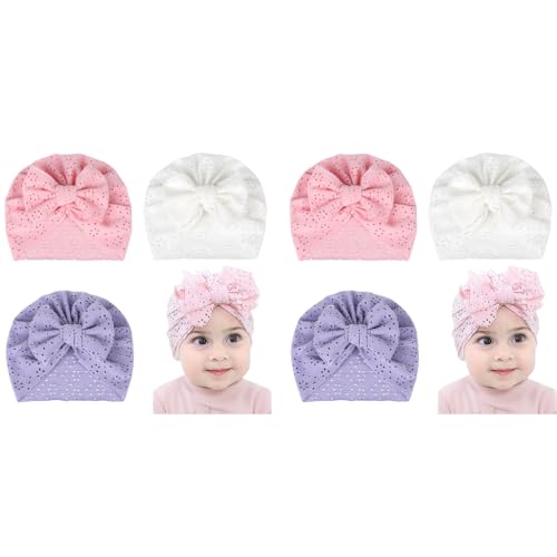 PALAY® 6PCS Baby Cap for 3-6 Months, Soft Baby Turban Cap for Baby Girl Boy, Stretchy Big Bow Baby Caps for Born 0-3 Months, Breathable Lovely Newborns Infant Hat Shower Gifts