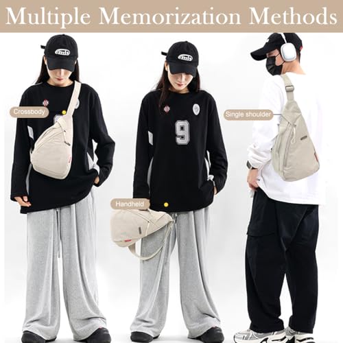 PALAY® Chest Bag for Women Men Fashion Nylon Lightweight Shoulder Front Back Sling Zipper Pouch Day with Handle Casual Beige Hiking Work 2PCS