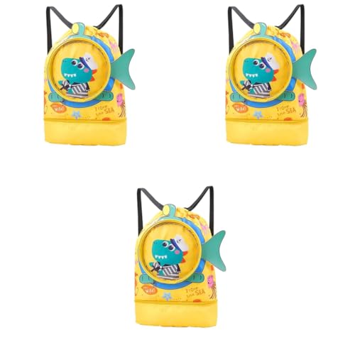 PALAY® Swimming Bag for Kids Cute Cartoon Shark Print Waterproof Drawstring Backpack Dry Wet Separation Storage Travel Sports Portable Beach Yellow 3 PCS