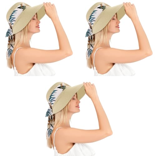 PALAY® Womens Straw Hat for Summer Wide Brim Sun Hats with Print Ribbon Fashion Beach Ladies Beige UV Protection Cap Lightweight Breathable 3 PCS
