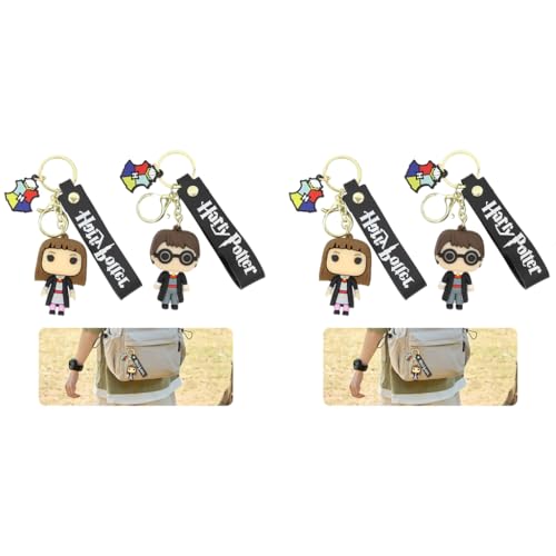 PALAY® 4PCS Couple Keyrings Harry Hermione Cartoon Figure Charm Metal Keychain with Silicone Hand Strap Backpack Handbag Best Friends Gift for Girls Boys