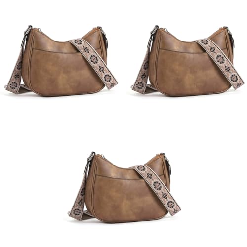 PALAY® Women Satchel Bag Fashion PU Solid Brown Crossbody Sling Shoulder with Woven Embossed Strap Casual Daily 2 PCS
