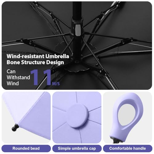 PALAY® UPF 50+ Sun Umbrella Travel Black Coated Liner Fiberglass Ribs Design Fashion Folding Lightweight with Rubberized Loop Handle Purple 2PCS