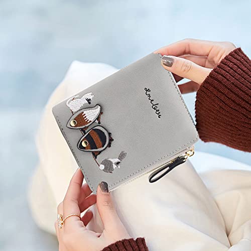 PALAY® Small Wallets for Women Cute Mini Animals Embroidery Short Card Holder Billfold Leather Purse Gift for Girls Grey 2 PCS