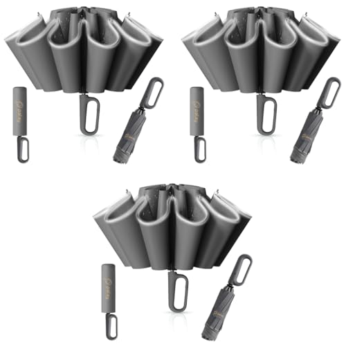 PALAY® Large Umbrella with Reflective Strip Auto 3-Fold Compact Travel Carabiner Handle Reinforced 10 Dual Ribs Sun Protection 99 UV Rain Windproof Men Women Grey 3PCS
