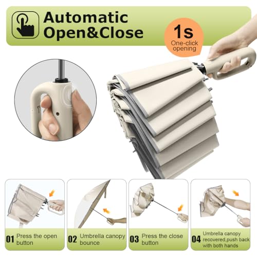 PALAY® Large Umbrella with Reflective Strip Auto 3-Fold Compact Travel Carabiner Handle Reinforced 10 Dual Ribs Sun Protection 99 UV Rain Windproof for Men Women Beige 3Pack