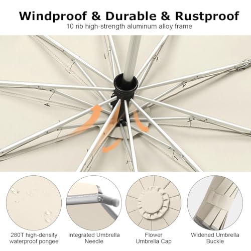 PALAY® Large Umbrella with Reflective Strip Auto 3-Fold Compact Travel Carabiner Handle Reinforced 10 Dual Ribs Sun Protection 99 UV Rain Windproof for Men Women Beige 3Pack