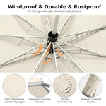 PALAY® Large Umbrella with Reflective Strip Auto 3-Fold Compact Travel Carabiner Handle Reinforced 10 Dual Ribs Sun Protection 99 UV Rain Windproof for Men Women Beige 3Pack