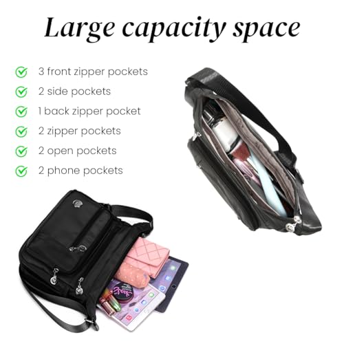 PALAY® Women Shoulder Bag Crossbody Nylon Waterproof Multi-pocket Sling with Adjustable Strap Fashion Satchel Handbag Black 3 PCS