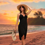 PALAY® Beach Wear Dress for Women Stylish Solid Bikini Set Spaghetti Strap Wrap Swimsuit Cover Up Lightweight Sarong Outfits M Black 2 PCS