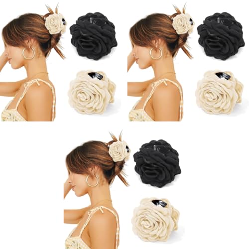 PALAY® 6PCS Rose Hair Claw Clips for Women Aesthetic Large 3.5 In Clutcher Blooming Flower Hawaiian Fashion Black White