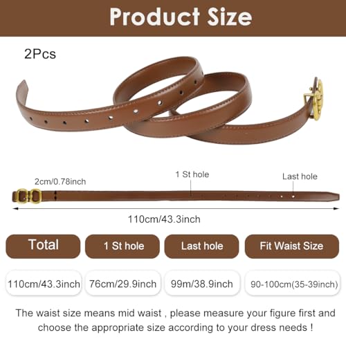 PALAY® Woman Belt for Women Jeans, Brown and Black Belt for Women Dresses, Fashion Slim Ladies PU Belts, Chic Gold Metal Loop Buckle