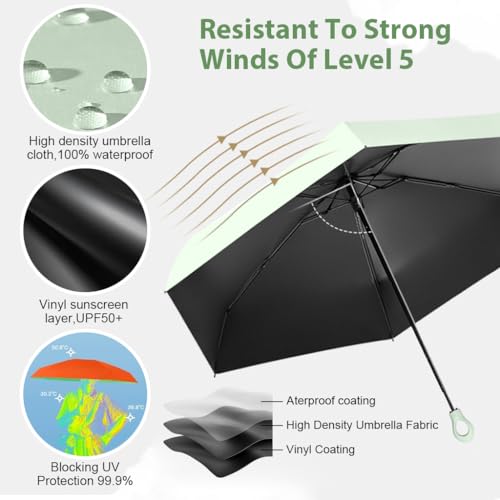 PALAY® Mini Sun Umbrella UPF 50+ Protective with Black Liner 6 Strong Ribs Design Fashion Outdoor Folding Travel Lightweight Rubberized Hanging Handle 2 PCS
