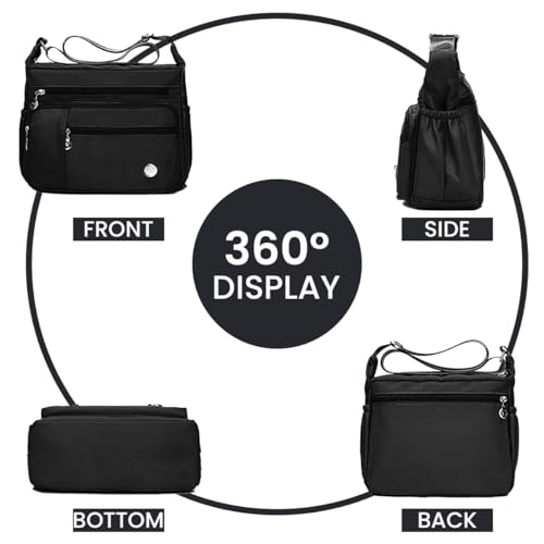 PALAY® Women Shoulder Bag Crossbody Nylon Waterproof Multi-pocket Sling with Adjustable Strap Fashion Satchel Handbag Black 3 PCS