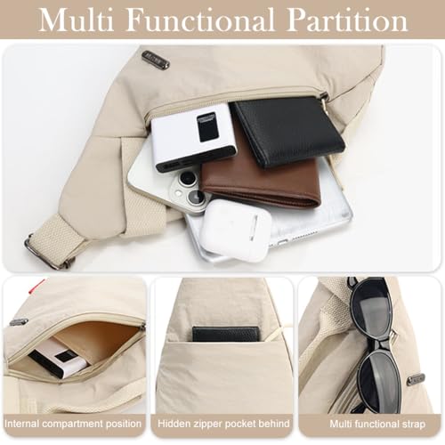 PALAY® Chest Bag for Women Men Fashion Nylon Lightweight Shoulder Front Back Sling Zipper Pouch Day with Handle Casual Beige Hiking Work 2PCS